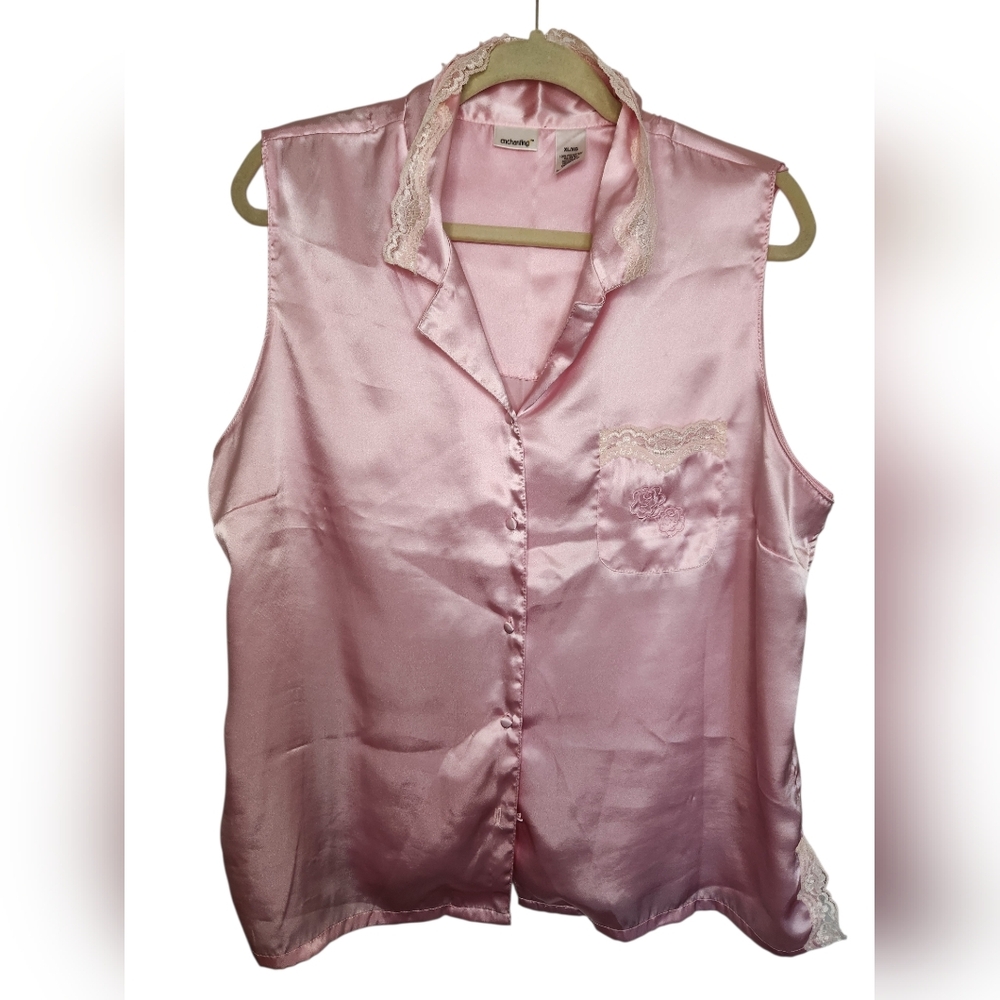 Vintage Enchanting Pink Satin Lace Top XL Button Front Lingerie Blouse